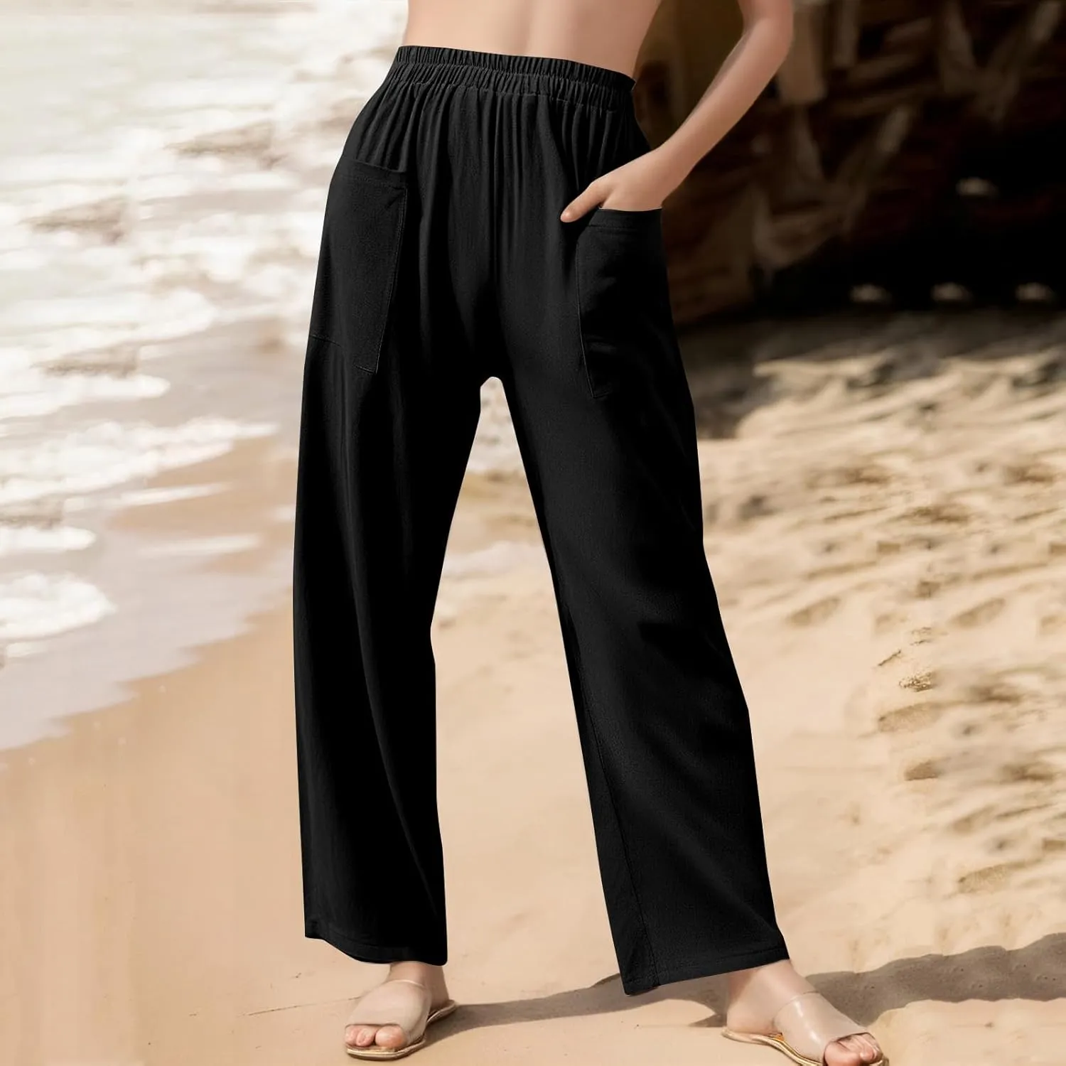 Dressy Palazzo Pants for Women Flowy Linen Pants Elastic High Waist Summer Work Pant Trouser Lounge Pant with Pocket