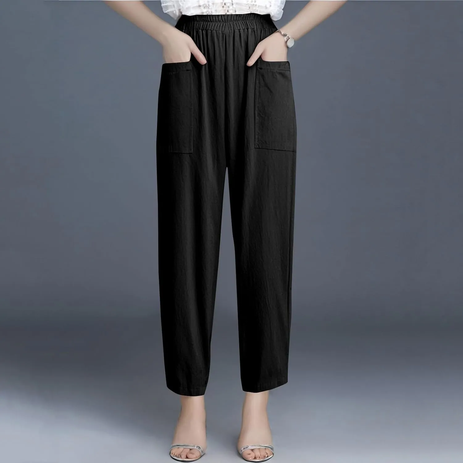 Dressy Palazzo Pants for Women Flowy Linen Pants Elastic High Waist Summer Work Pant Trouser Lounge Pant with Pocket