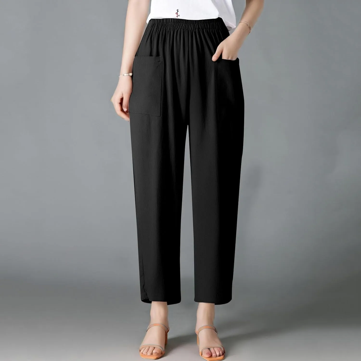 Dressy Palazzo Pants for Women Flowy Linen Pants Elastic High Waist Summer Work Pant Trouser Lounge Pant with Pocket
