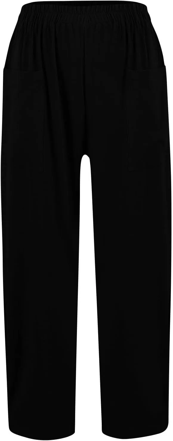 Dressy Palazzo Pants for Women Flowy Linen Pants Elastic High Waist Summer Work Pant Trouser Lounge Pant with Pocket