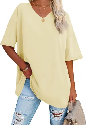 Ebifin Womens Oversized Tshirts V Neck Tee Shirts Half Sleeve Loose Fit T Shirt Cotton Tunic Tops 2024