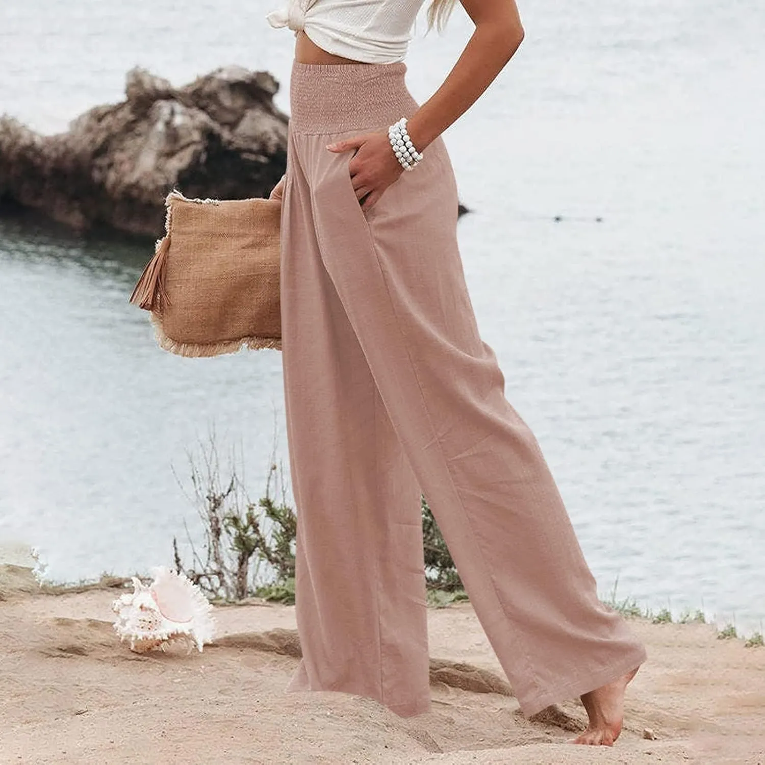 Elastic Waist Linen Pants Women Summer Smocked High Waisted Wide Leg Pants Office Pull On Work Trousers with Pockets