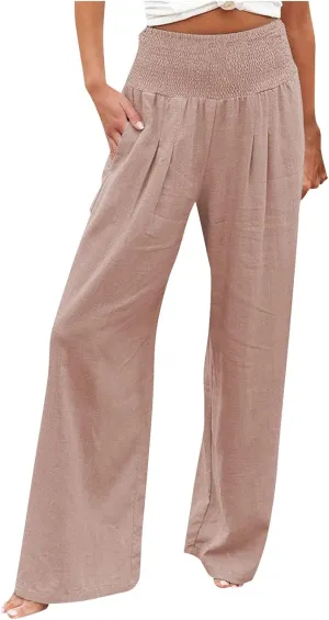 Elastic Waist Linen Pants Women Summer Smocked High Waisted Wide Leg Pants Office Pull On Work Trousers with Pockets