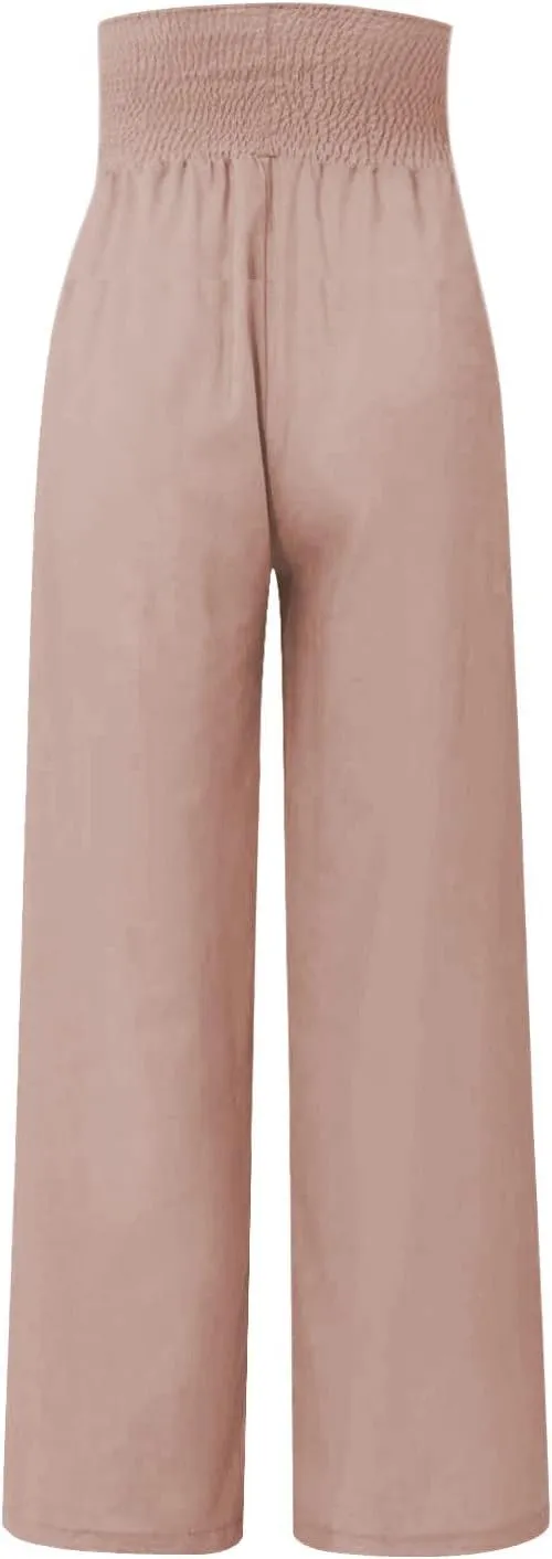 Elastic Waist Linen Pants Women Summer Smocked High Waisted Wide Leg Pants Office Pull On Work Trousers with Pockets