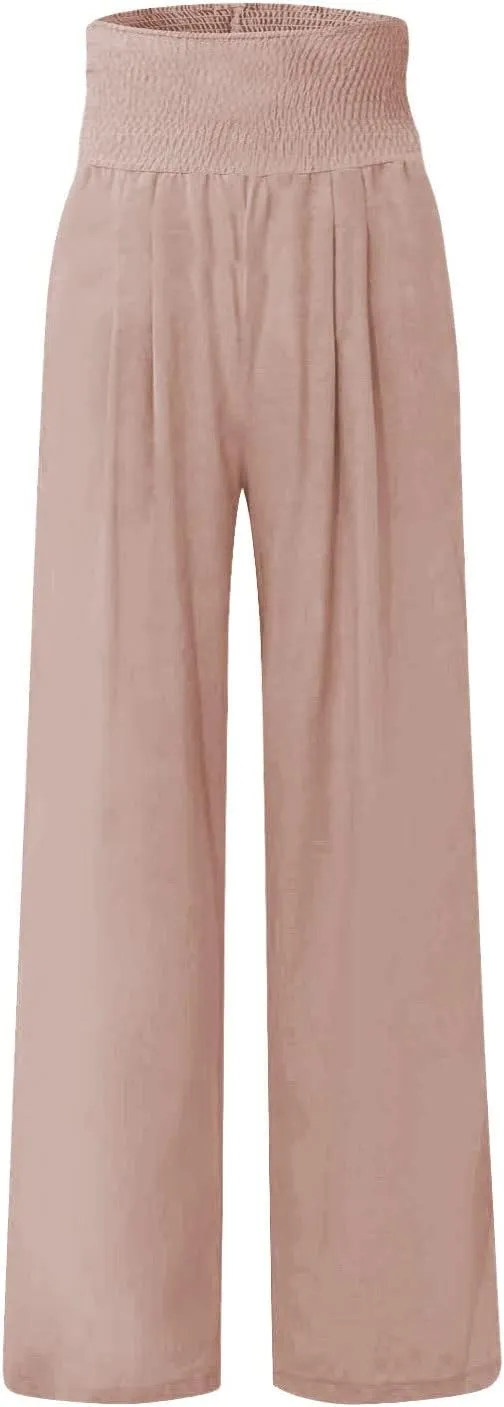 Elastic Waist Linen Pants Women Summer Smocked High Waisted Wide Leg Pants Office Pull On Work Trousers with Pockets