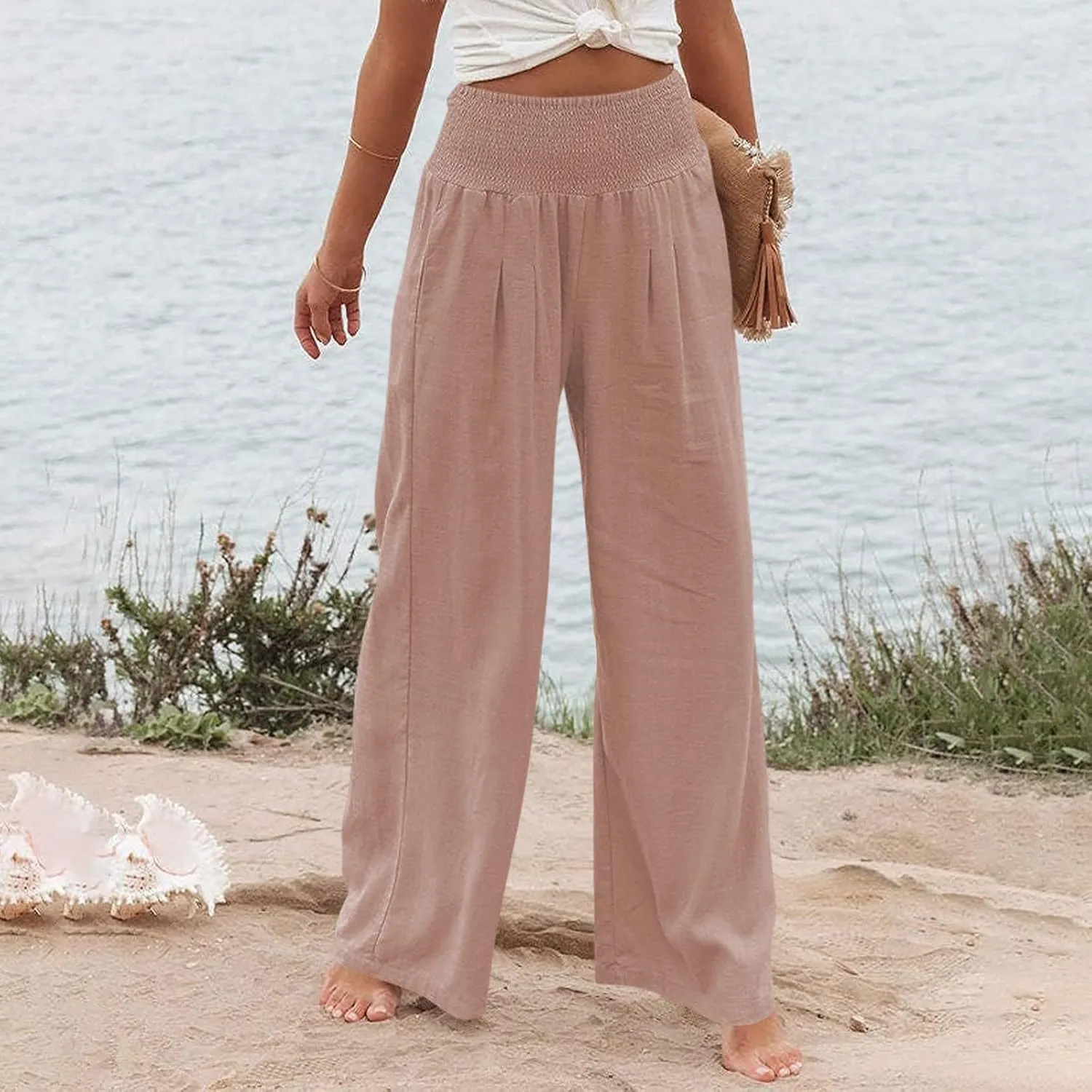 Elastic Waist Linen Pants Women Summer Smocked High Waisted Wide Leg Pants Office Pull On Work Trousers with Pockets