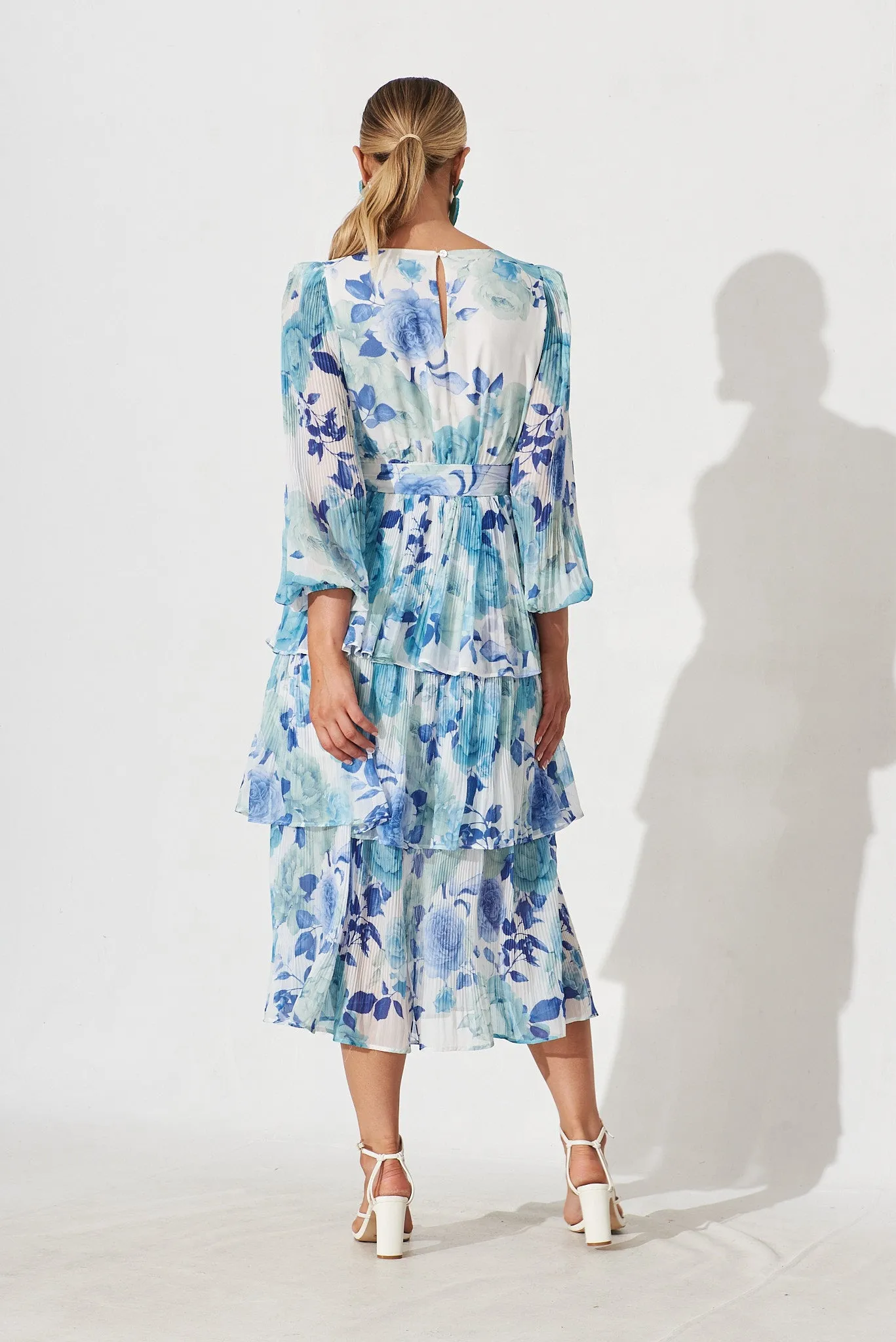 Elisa Midi Dress In White With Blue Floral Chiffon