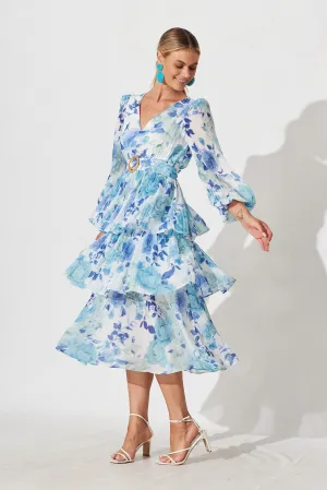 Elisa Midi Dress In White With Blue Floral Chiffon