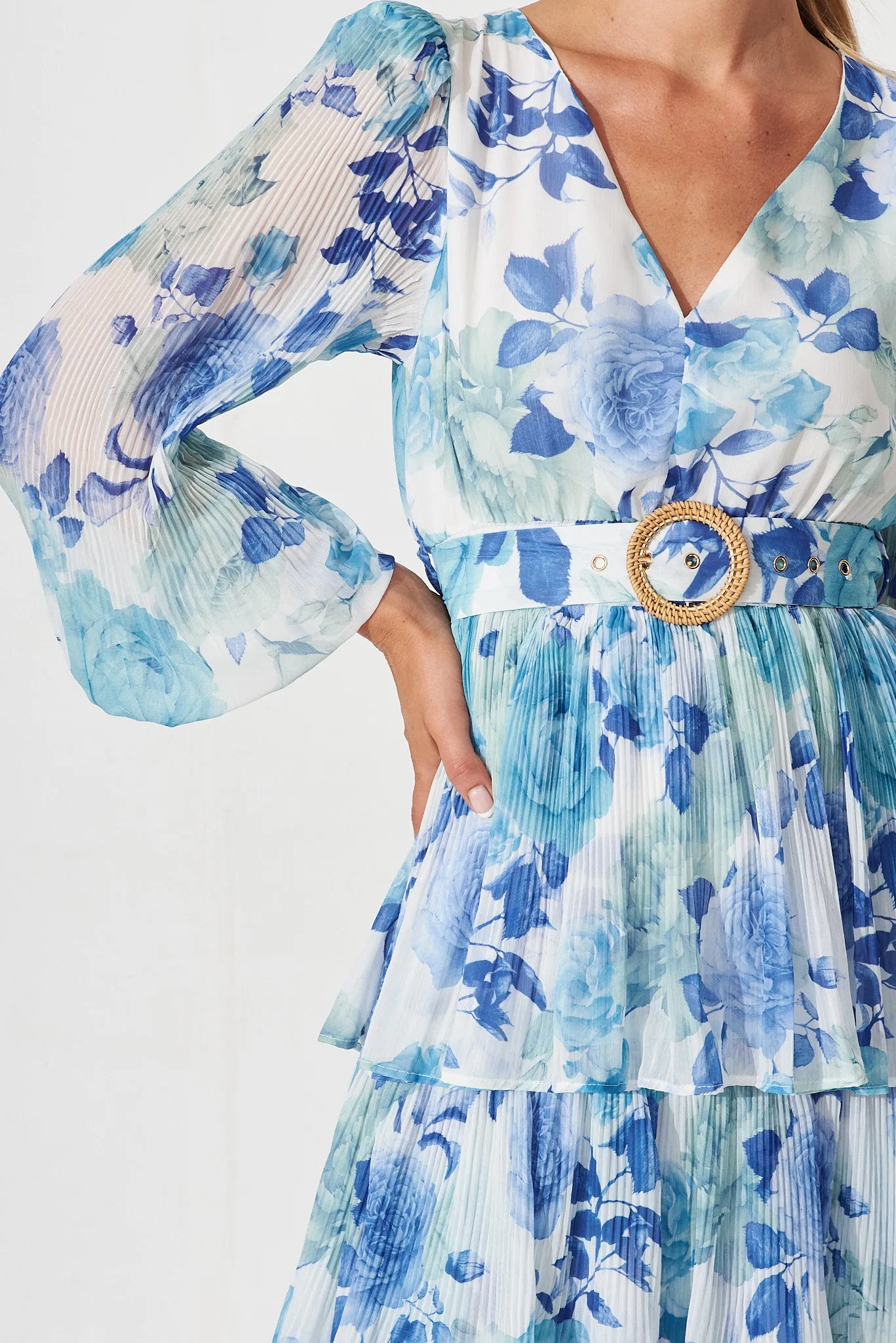 Elisa Midi Dress In White With Blue Floral Chiffon