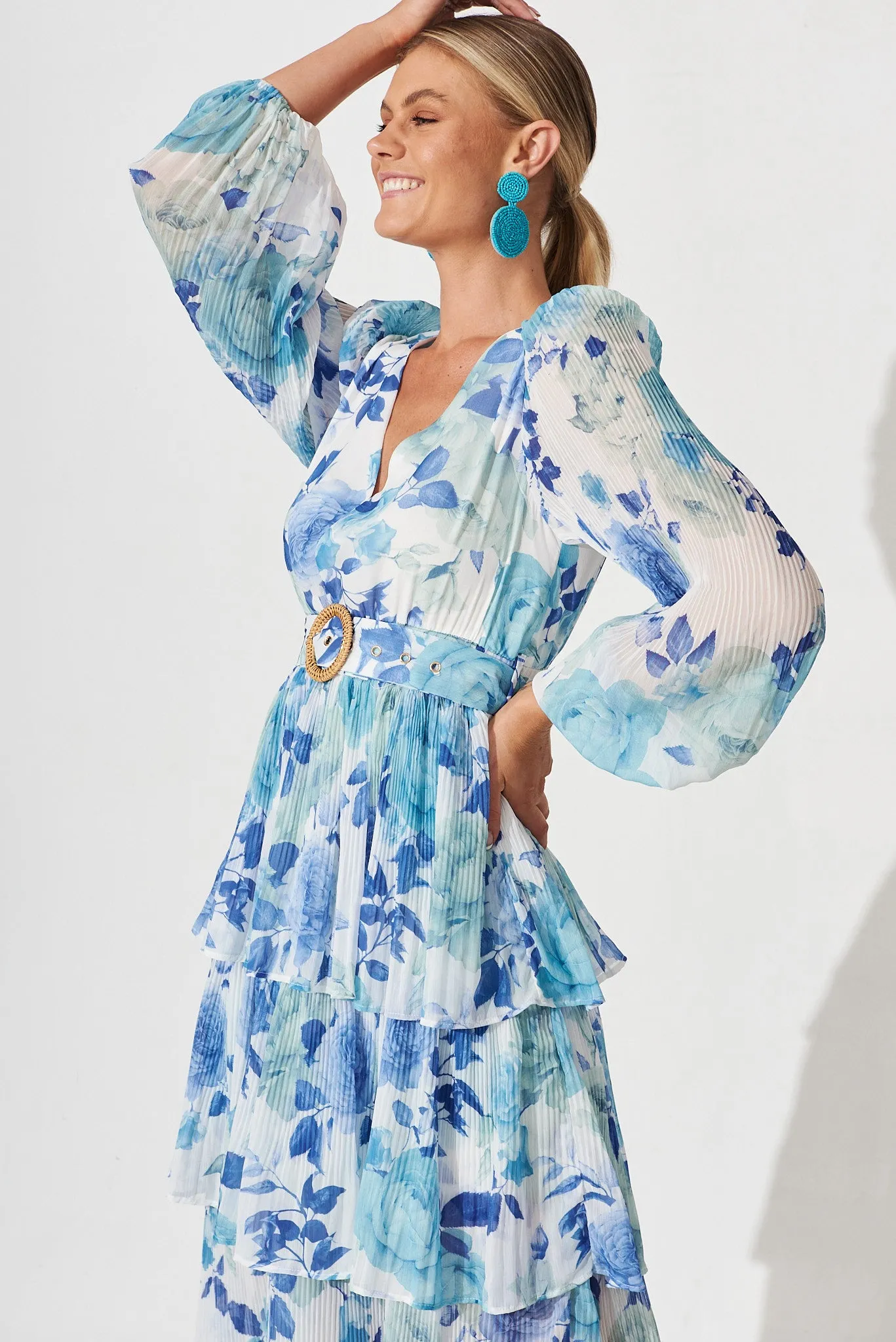 Elisa Midi Dress In White With Blue Floral Chiffon