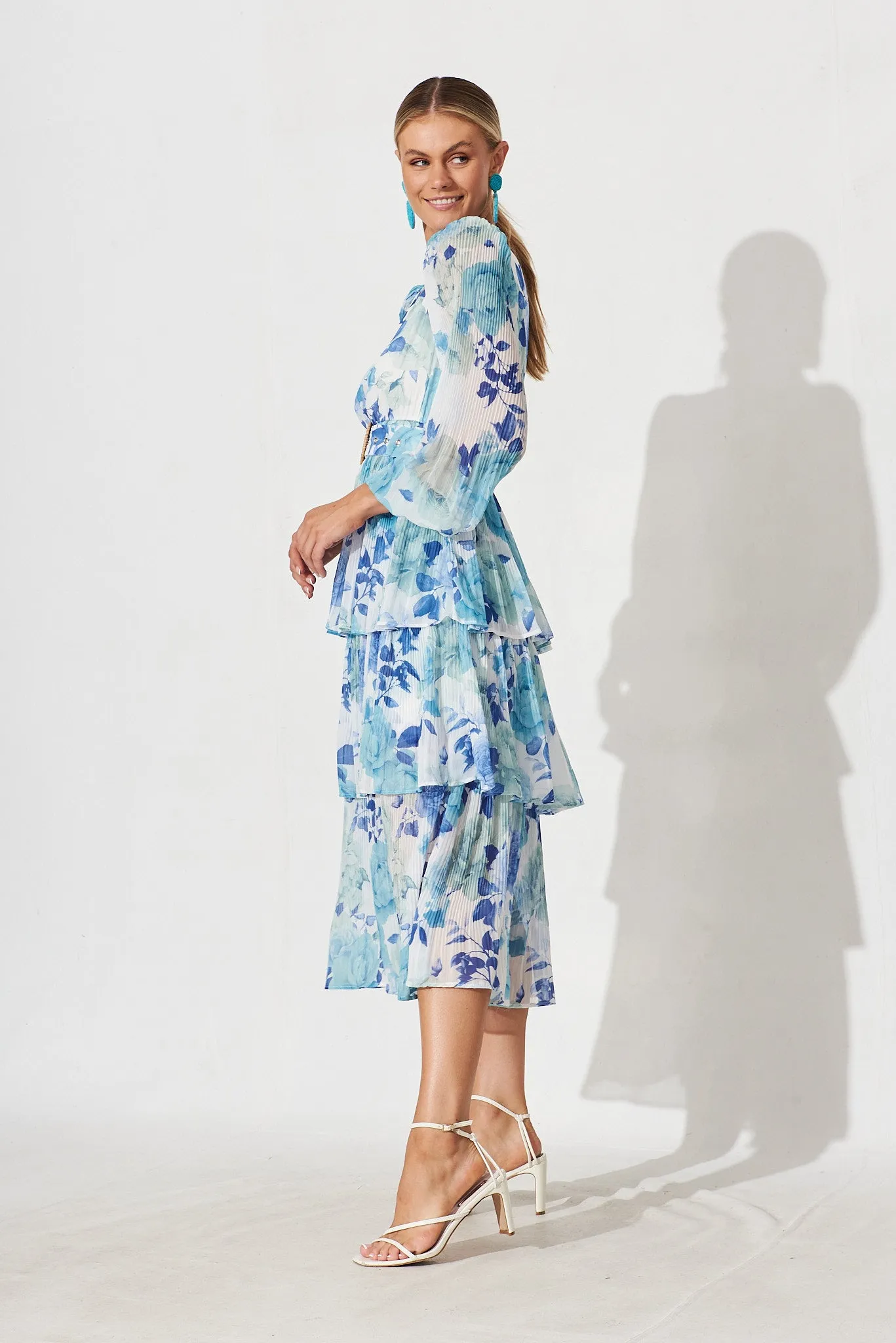 Elisa Midi Dress In White With Blue Floral Chiffon
