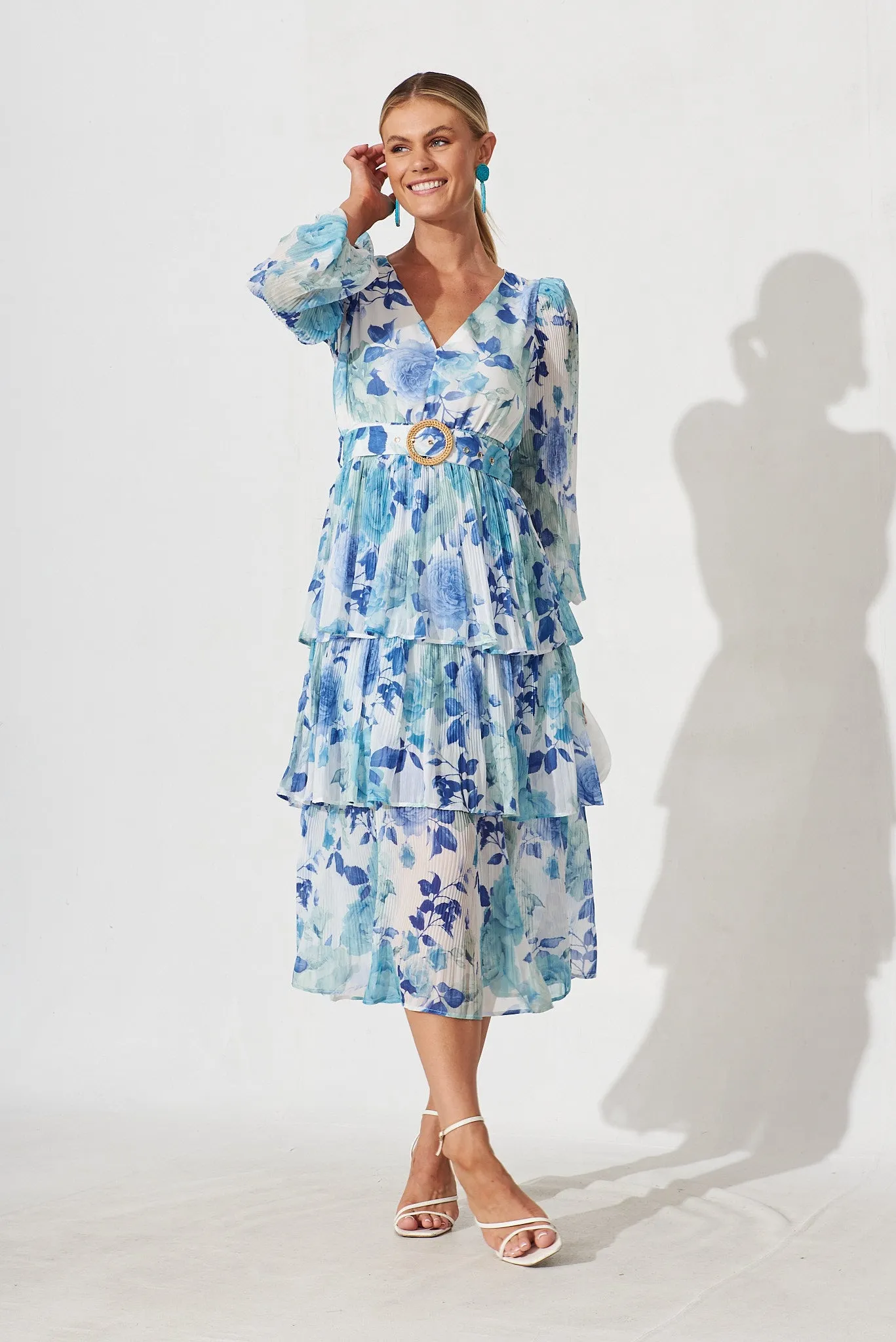 Elisa Midi Dress In White With Blue Floral Chiffon