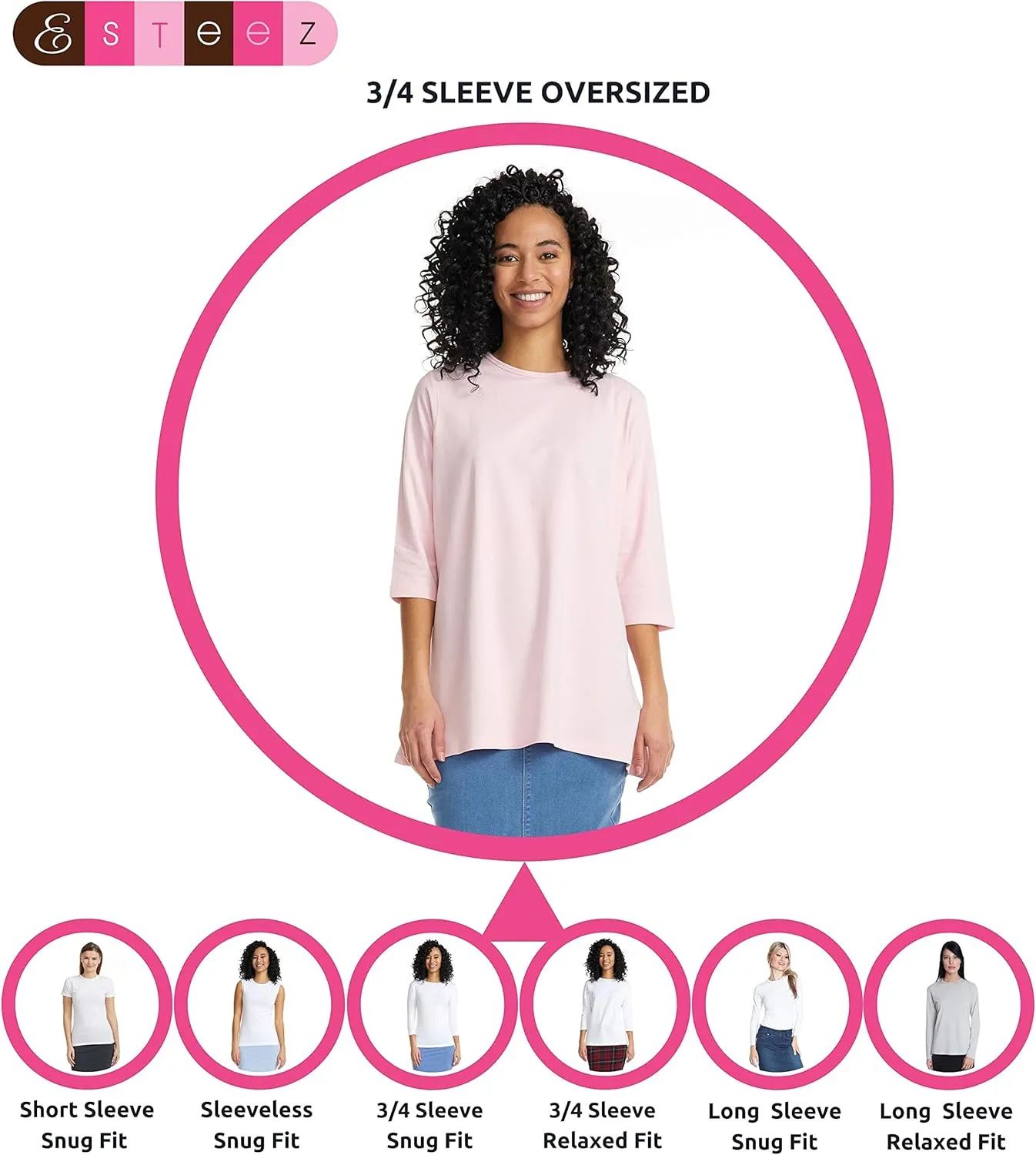 ESTEEZ 3/4 Sleeve Comfy Oversized Loose Fit Cotton T-Shirts for Women