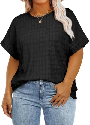 Eytino Womens Plus Size Tops Summer Casual Cap Short Sleeve Basic Textured Solid Color Round Neck T Shirts(1X-5X)