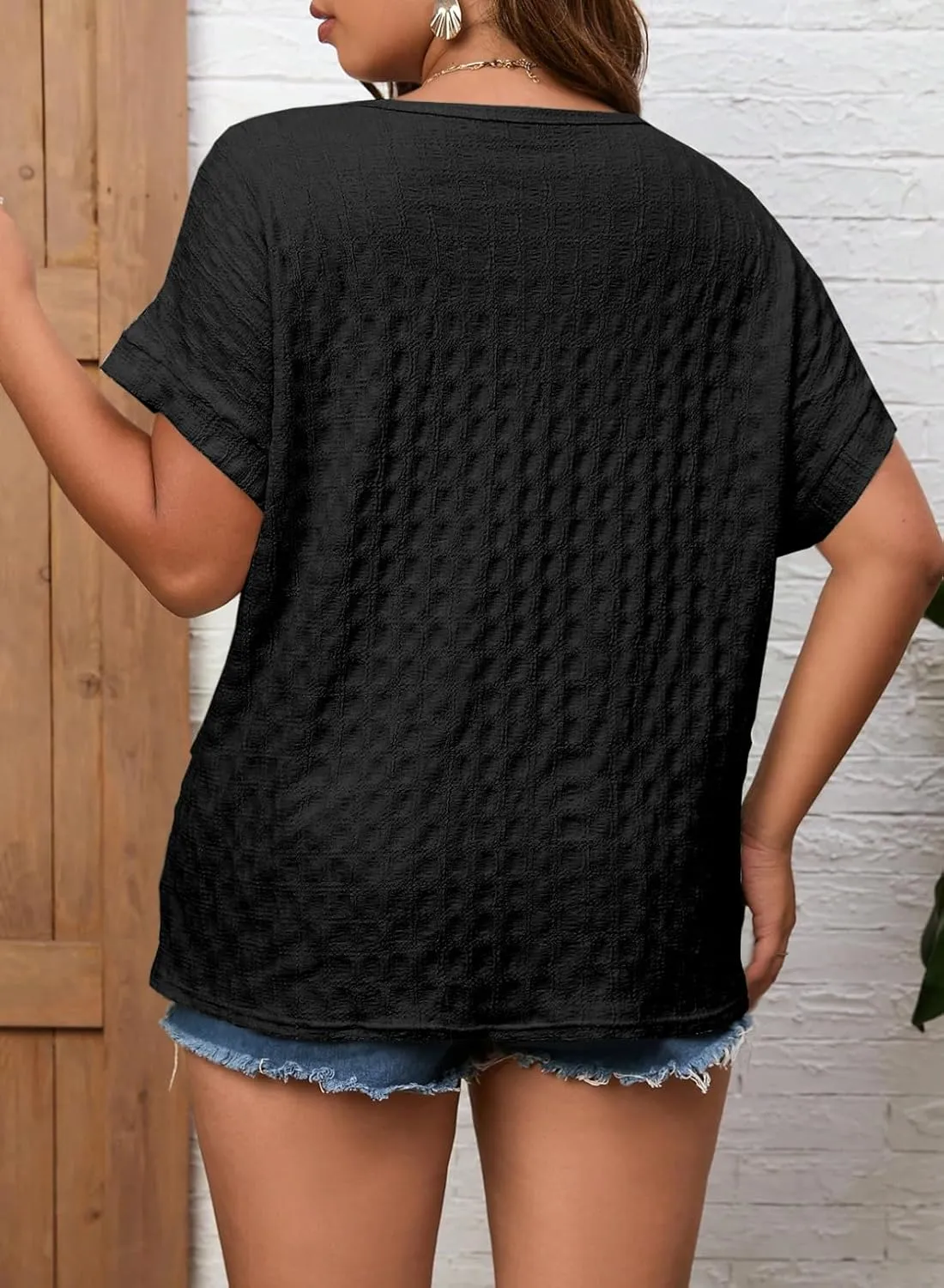 Eytino Womens Plus Size Tops Summer Casual Cap Short Sleeve Basic Textured Solid Color Round Neck T Shirts(1X-5X)