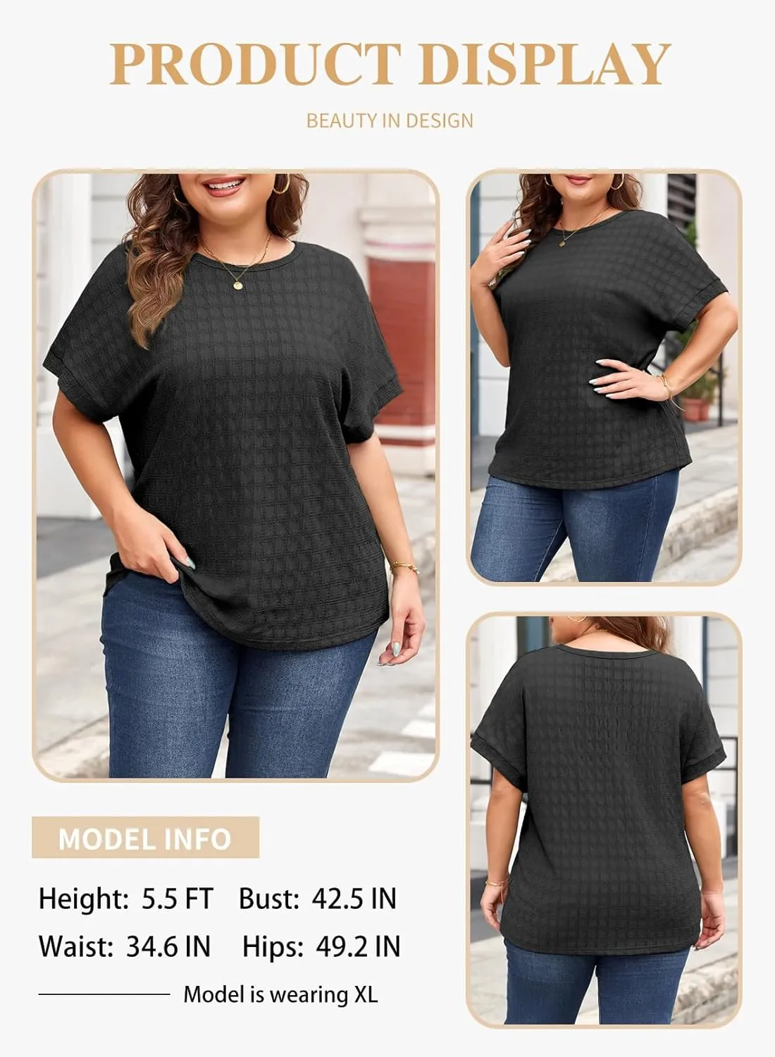 Eytino Womens Plus Size Tops Summer Casual Cap Short Sleeve Basic Textured Solid Color Round Neck T Shirts(1X-5X)