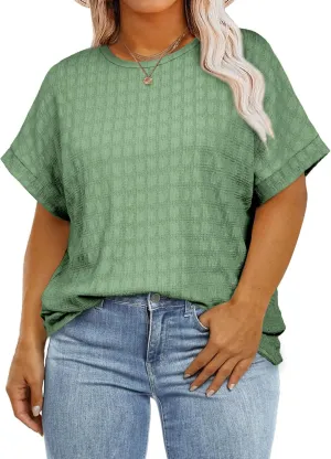 Eytino Womens Plus Size Tops Summer Casual Cap Short Sleeve Basic Textured Solid Color Round Neck T Shirts(1X-5X)