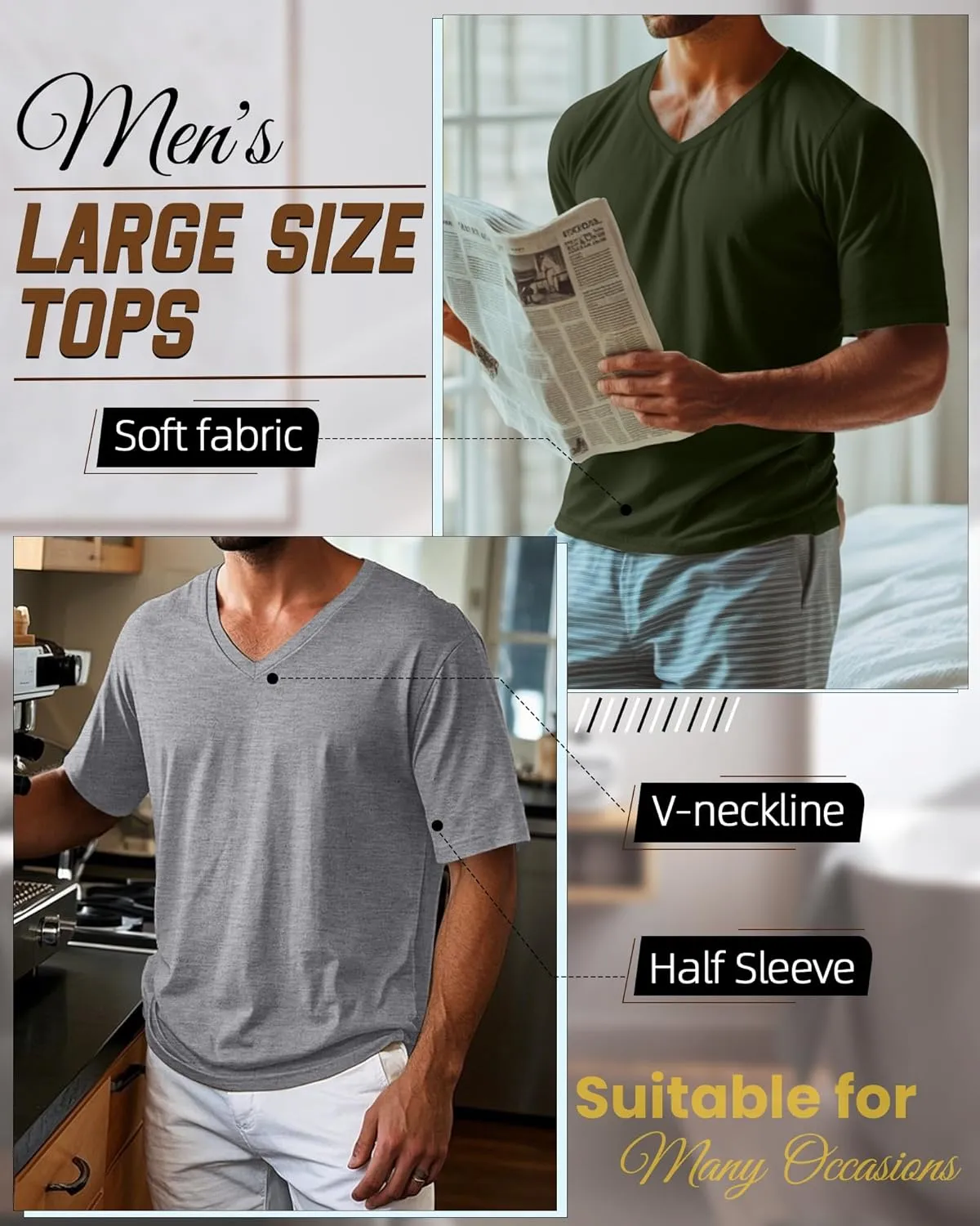Ficerd 3 Pack Men's Cotton Half Sleeve Shirts M-7XL Regular and Big Tall V Neck Curved Hem Loose Casual Summer Basic Tee