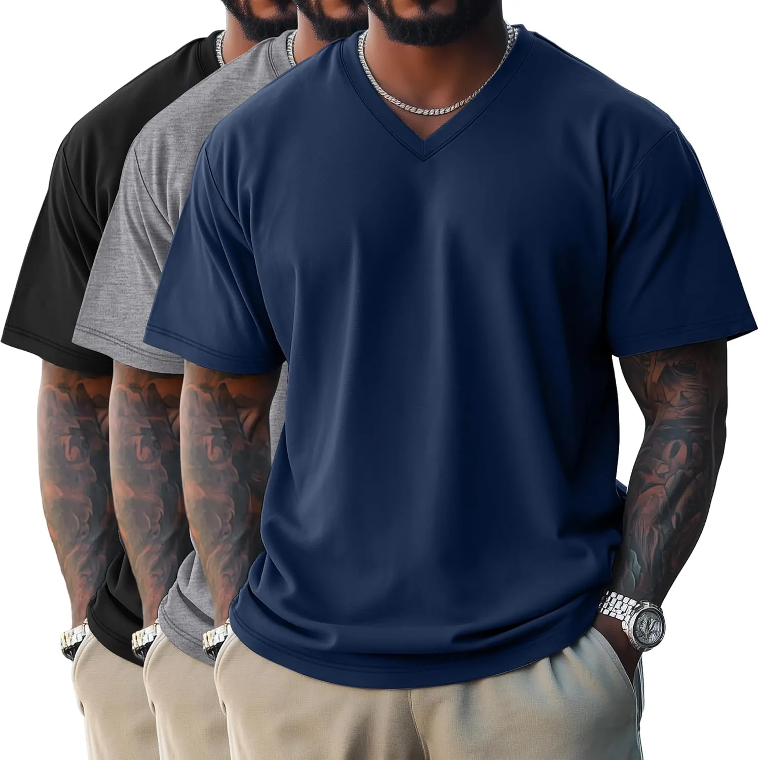 Ficerd 3 Pack Men's Cotton Half Sleeve Shirts M-7XL Regular and Big Tall V Neck Curved Hem Loose Casual Summer Basic Tee