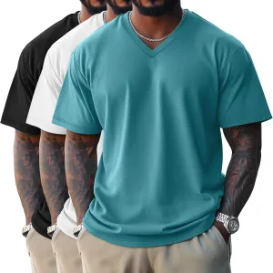 Ficerd 3 Pack Men's Cotton Half Sleeve Shirts M-7XL Regular and Big Tall V Neck Curved Hem Loose Casual Summer Basic Tee