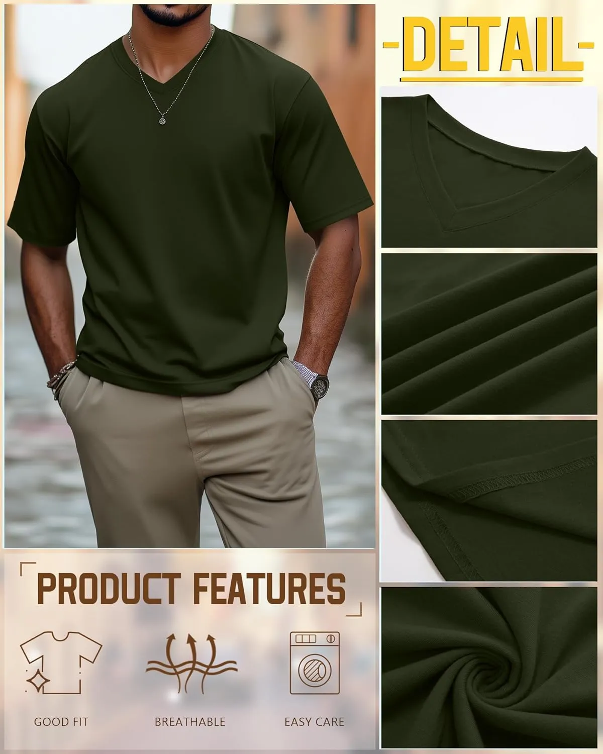 Ficerd 3 Pack Men's Cotton Half Sleeve Shirts M-7XL Regular and Big Tall V Neck Curved Hem Loose Casual Summer Basic Tee