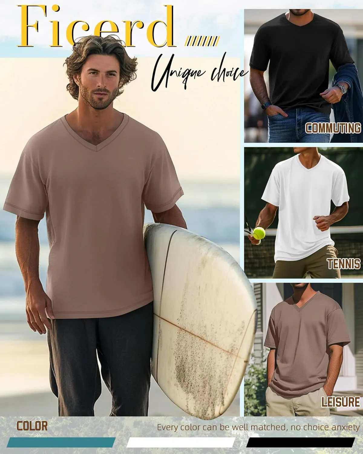 Ficerd 3 Pack Men's Cotton Half Sleeve Shirts M-7XL Regular and Big Tall V Neck Curved Hem Loose Casual Summer Basic Tee
