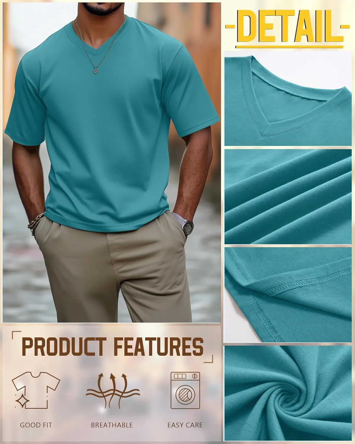 Ficerd 3 Pack Men's Cotton Half Sleeve Shirts M-7XL Regular and Big Tall V Neck Curved Hem Loose Casual Summer Basic Tee