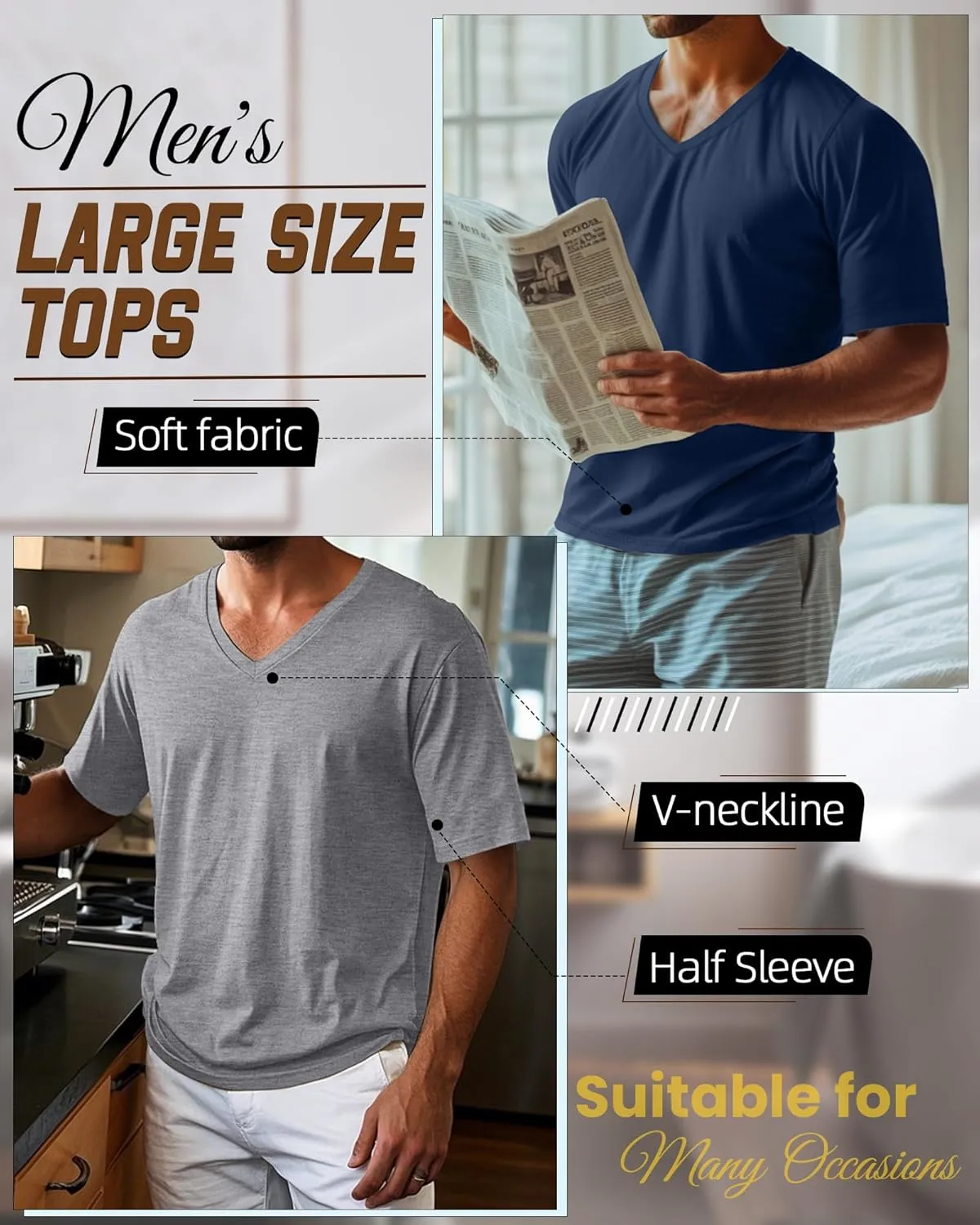 Ficerd 3 Pack Men's Cotton Half Sleeve Shirts M-7XL Regular and Big Tall V Neck Curved Hem Loose Casual Summer Basic Tee