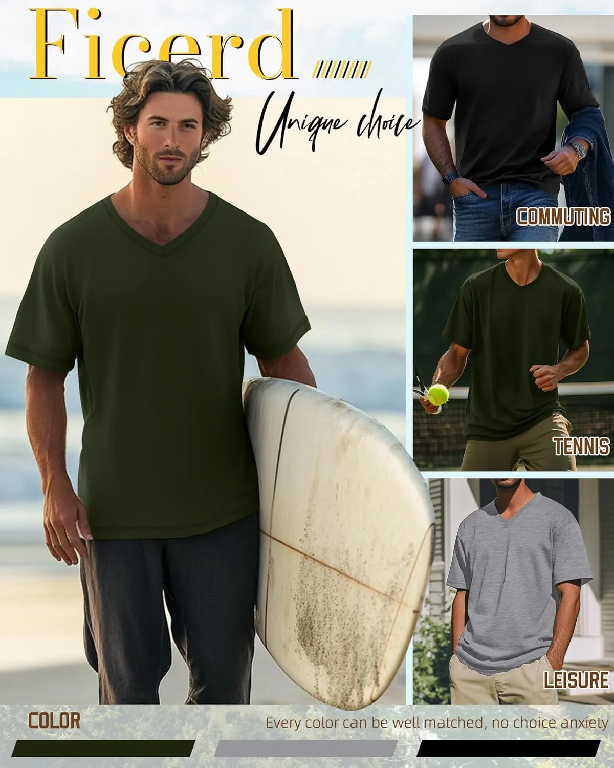 Ficerd 3 Pack Men's Cotton Half Sleeve Shirts M-7XL Regular and Big Tall V Neck Curved Hem Loose Casual Summer Basic Tee