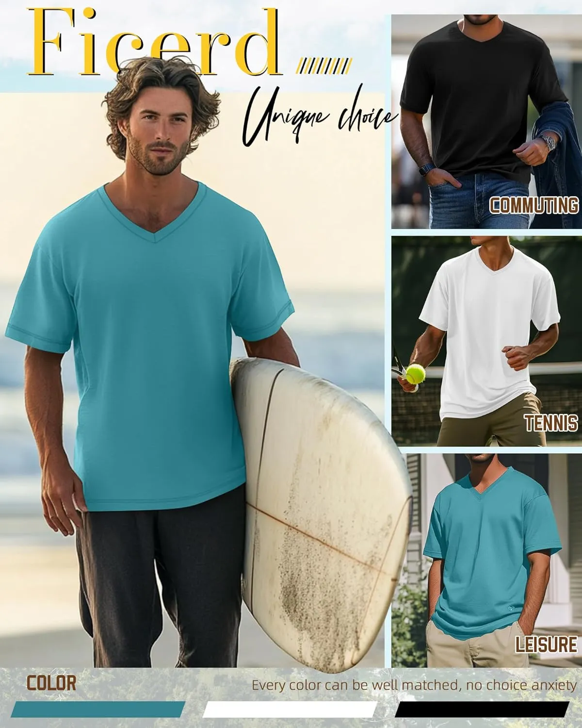 Ficerd 3 Pack Men's Cotton Half Sleeve Shirts M-7XL Regular and Big Tall V Neck Curved Hem Loose Casual Summer Basic Tee
