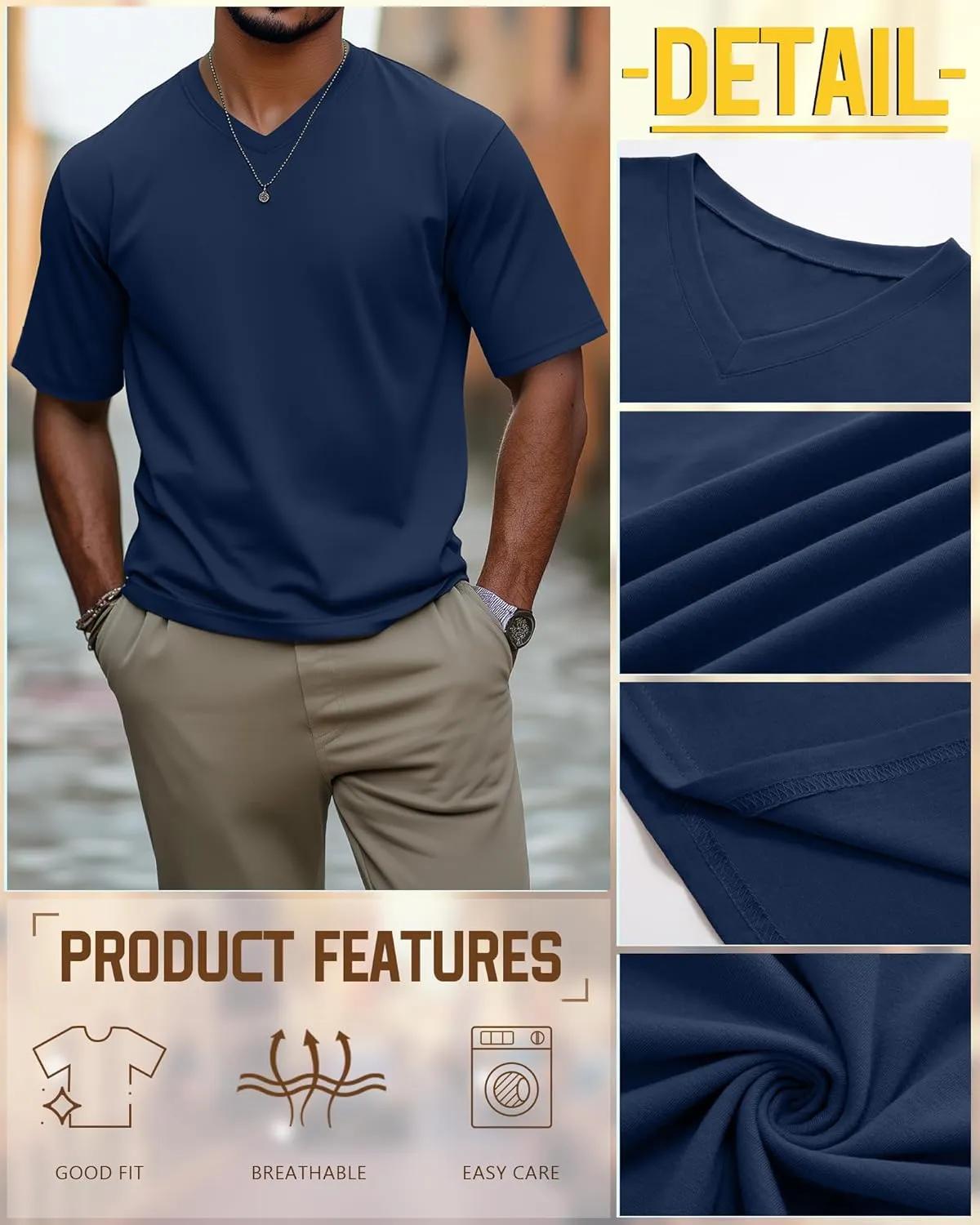 Ficerd 3 Pack Men's Cotton Half Sleeve Shirts M-7XL Regular and Big Tall V Neck Curved Hem Loose Casual Summer Basic Tee
