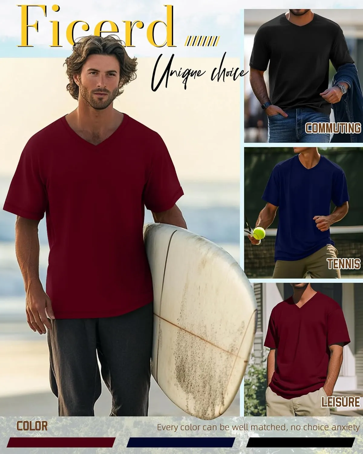 Ficerd 3 Pack Men's Cotton Half Sleeve Shirts M-7XL Regular and Big Tall V Neck Curved Hem Loose Casual Summer Basic Tee