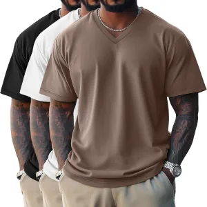 Ficerd 3 Pack Men's Cotton Half Sleeve Shirts M-7XL Regular and Big Tall V Neck Curved Hem Loose Casual Summer Basic Tee