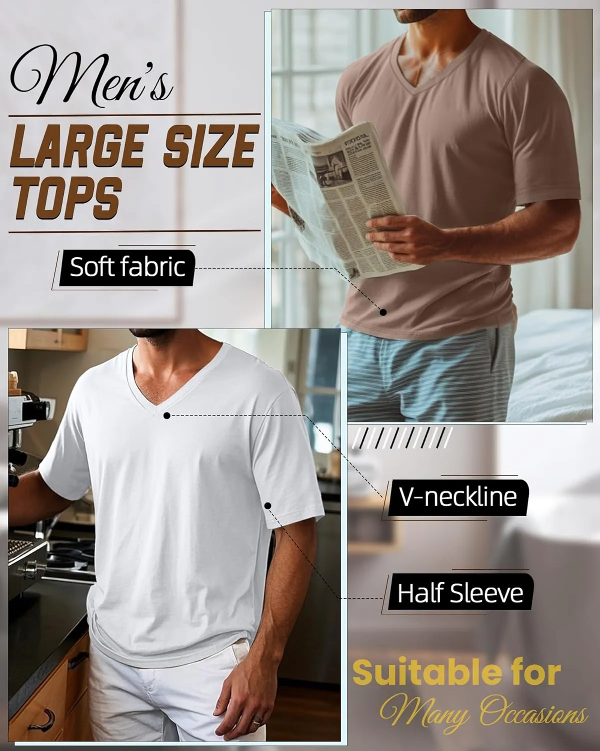 Ficerd 3 Pack Men's Cotton Half Sleeve Shirts M-7XL Regular and Big Tall V Neck Curved Hem Loose Casual Summer Basic Tee