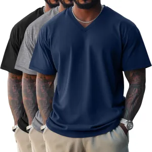 Ficerd 3 Pack Men's Cotton Half Sleeve Shirts M-7XL Regular and Big Tall V Neck Curved Hem Loose Casual Summer Basic Tee
