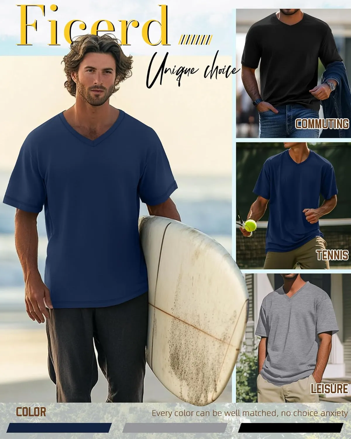 Ficerd 3 Pack Men's Cotton Half Sleeve Shirts M-7XL Regular and Big Tall V Neck Curved Hem Loose Casual Summer Basic Tee