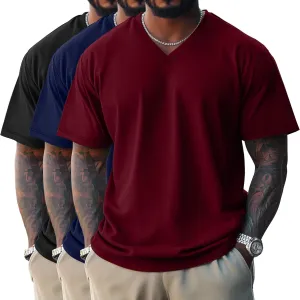 Ficerd 3 Pack Men's Cotton Half Sleeve Shirts M-7XL Regular and Big Tall V Neck Curved Hem Loose Casual Summer Basic Tee