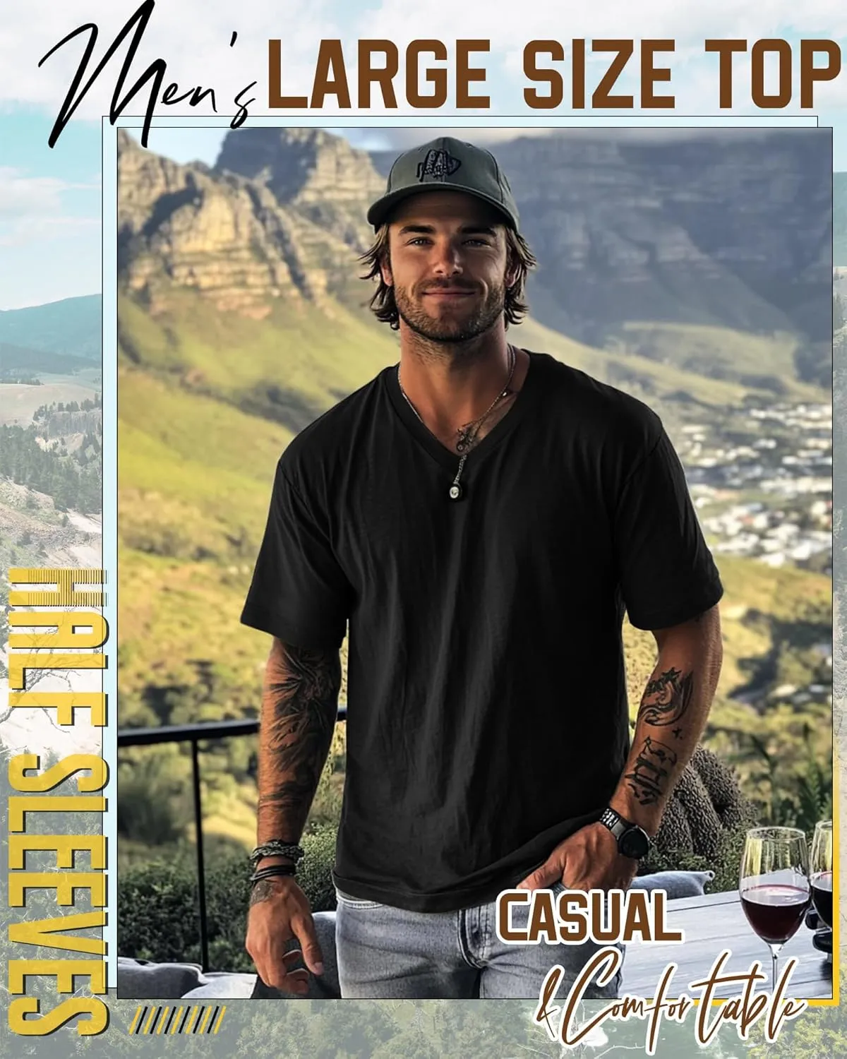 Ficerd 3 Pack Men's Cotton Half Sleeve Shirts M-7XL Regular and Big Tall V Neck Curved Hem Loose Casual Summer Basic Tee