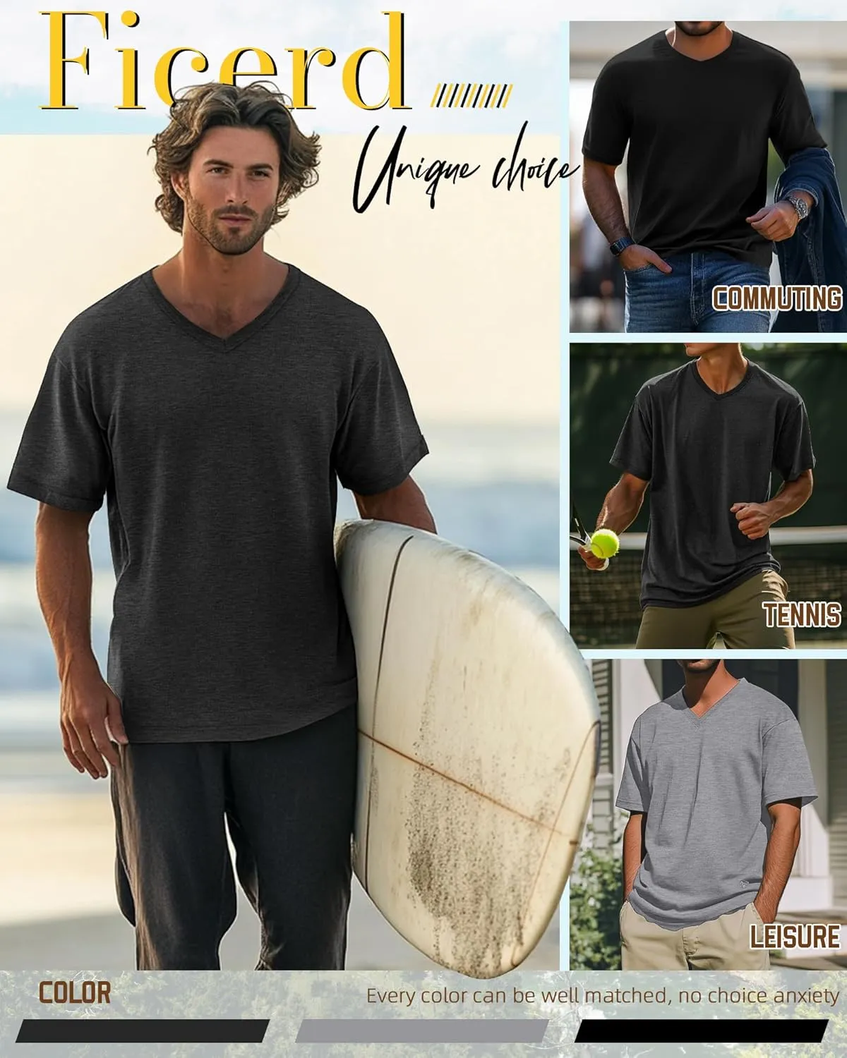 Ficerd 3 Pack Men's Cotton Half Sleeve Shirts M-7XL Regular and Big Tall V Neck Curved Hem Loose Casual Summer Basic Tee