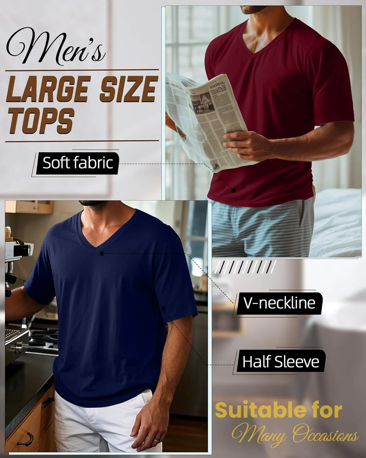 Ficerd 3 Pack Men's Cotton Half Sleeve Shirts M-7XL Regular and Big Tall V Neck Curved Hem Loose Casual Summer Basic Tee