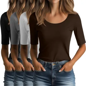 Ficerd 4 Pack Women's Scoop Neck Stretchy Tops Half Sleeve Cotton Slim Fit T-Shirts Tight Casual Basic Summer Tees
