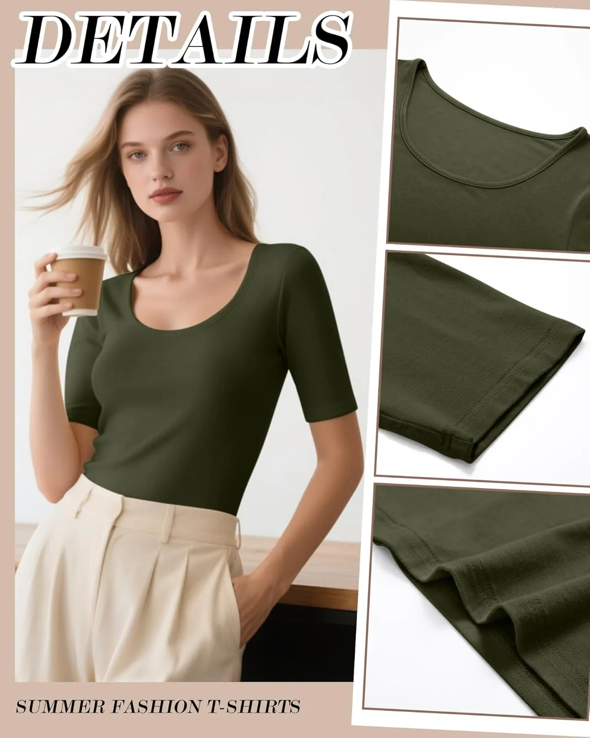 Ficerd 4 Pack Women's Scoop Neck Stretchy Tops Half Sleeve Cotton Slim Fit T-Shirts Tight Casual Basic Summer Tees