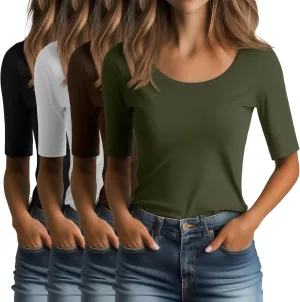 Ficerd 4 Pack Women's Scoop Neck Stretchy Tops Half Sleeve Cotton Slim Fit T-Shirts Tight Casual Basic Summer Tees