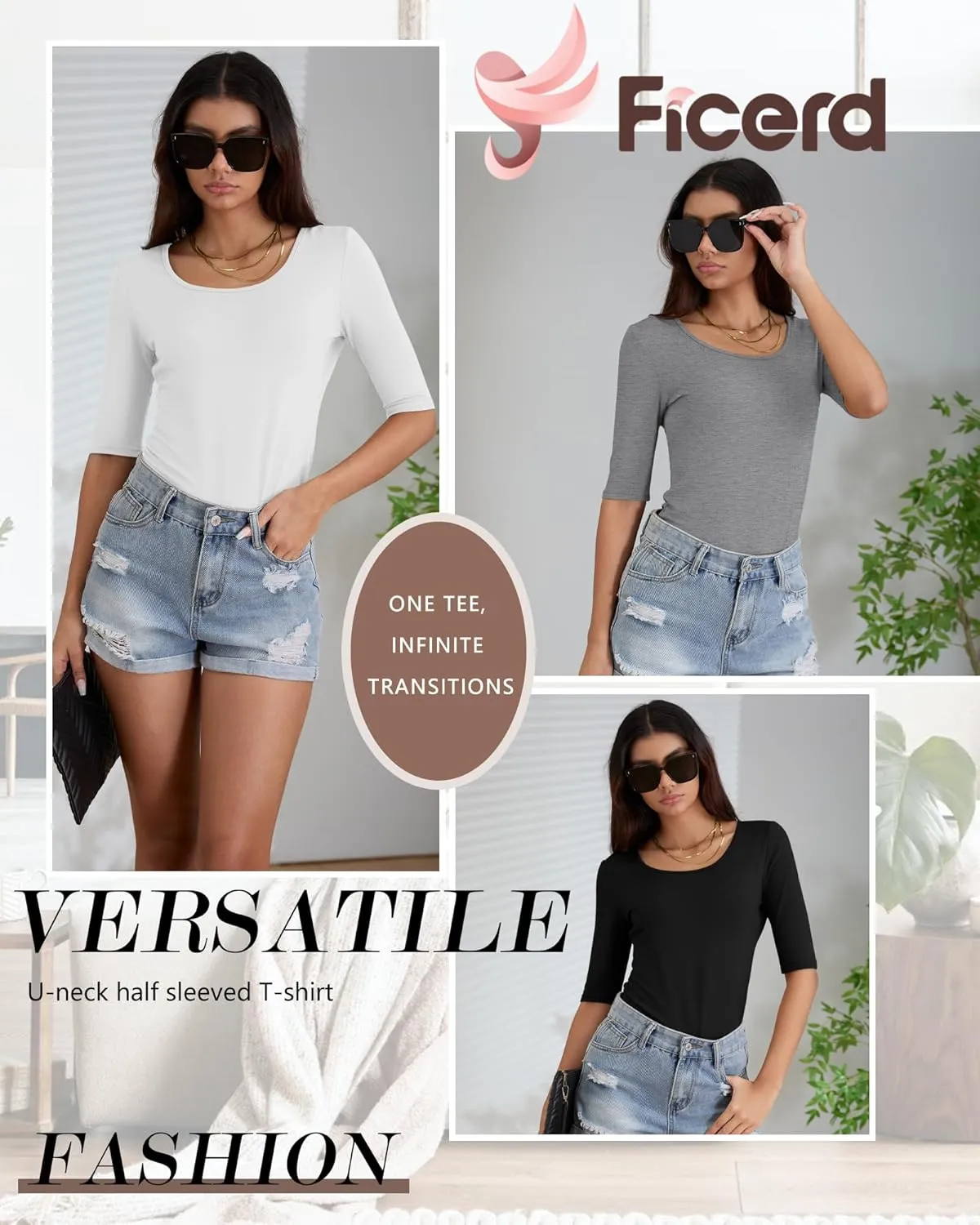 Ficerd 4 Pack Women's Scoop Neck Stretchy Tops Half Sleeve Cotton Slim Fit T-Shirts Tight Casual Basic Summer Tees