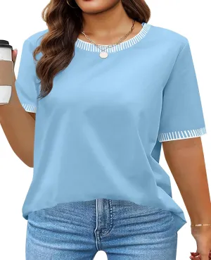 Fisoew Womens Plus Size Short Sleeve T Shirts Summer Casual Crew Neck Color Block Curvy Tops Striped Loose Fit Tees
