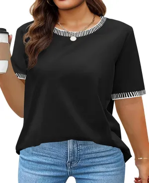Fisoew Womens Plus Size Short Sleeve T Shirts Summer Casual Crew Neck Color Block Curvy Tops Striped Loose Fit Tees