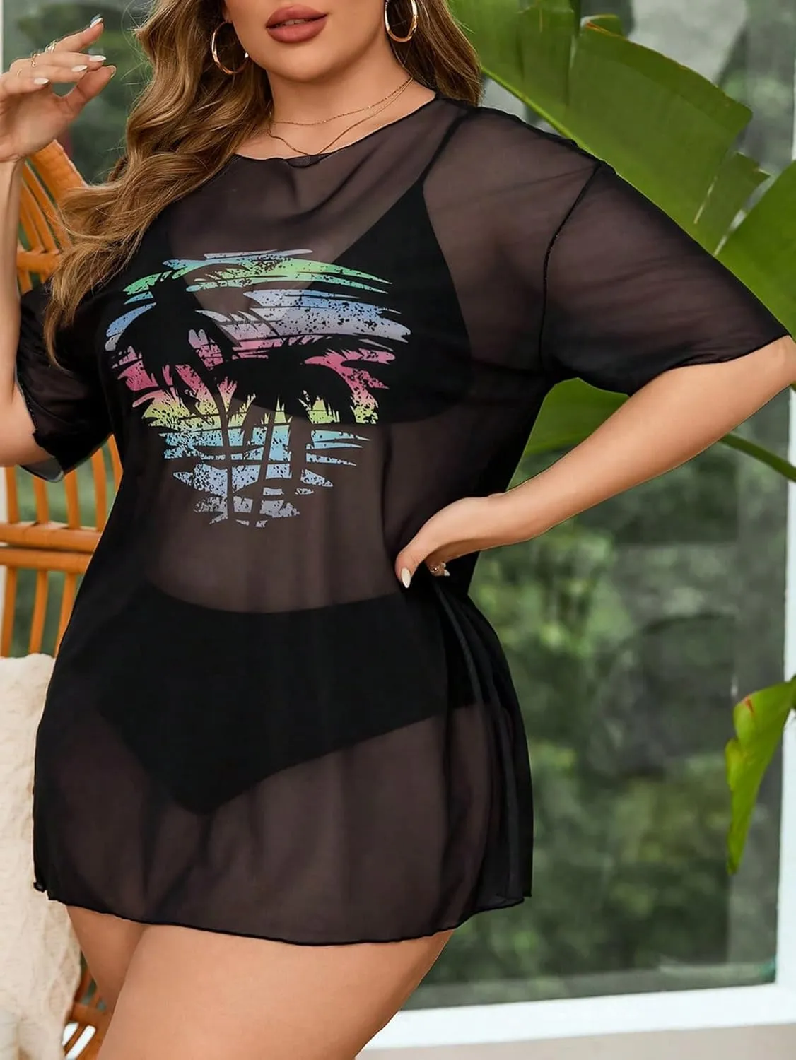 Floerns Women's Plus Size Short Sleeve T Shirts Galaxy Print Sheer Mesh Cover Up Tops