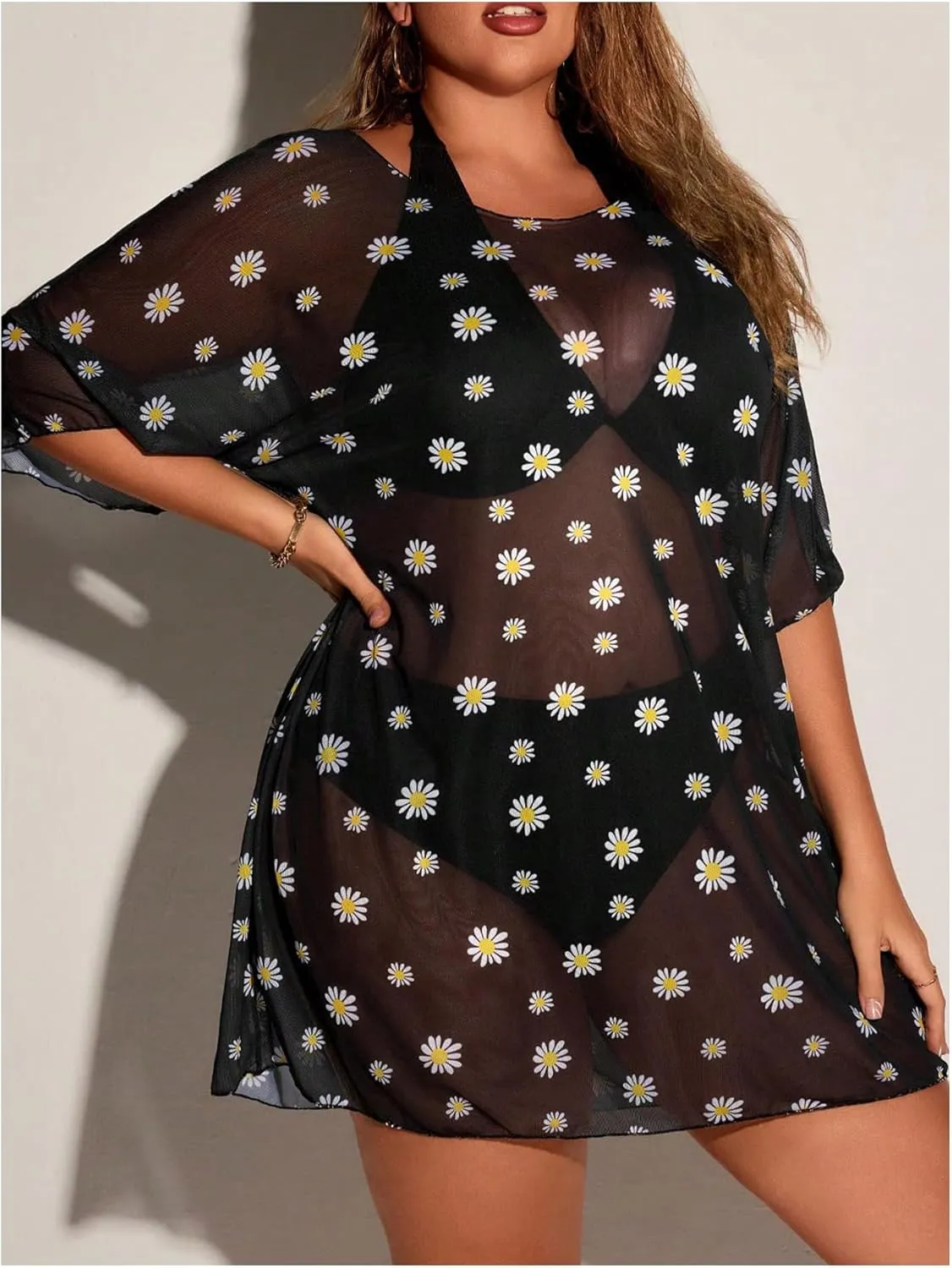 Floerns Women's Plus Size Short Sleeve T Shirts Galaxy Print Sheer Mesh Cover Up Tops