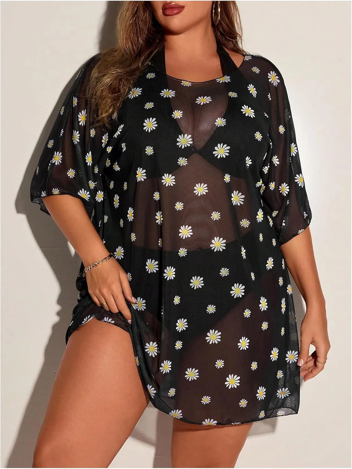Floerns Women's Plus Size Short Sleeve T Shirts Galaxy Print Sheer Mesh Cover Up Tops