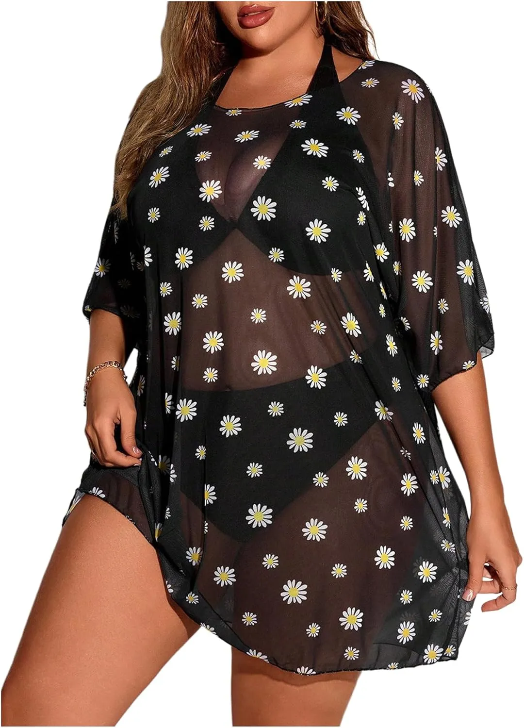 Floerns Women's Plus Size Short Sleeve T Shirts Galaxy Print Sheer Mesh Cover Up Tops